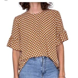 Loft Clam Shell Print Ruffle Sleeve Blouse Color Mustard Yellow Size 14 plus